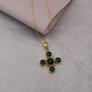 Apatite and <b>Emerald</b> Quartz Necklace 18K Gold Plated Cross <b>Pendant</b> Statement Necklace - Product Image 4