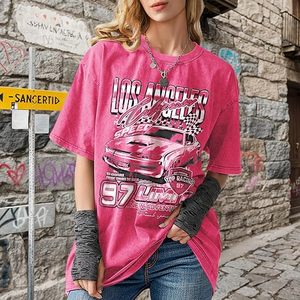 Oversized Graphic Tees for Women Baggy Streetwear Preppy Shirts Car <b>Checkered</b> <b>Flag</b> Drop Shoulder Top - Product Image 5