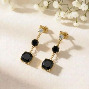 <b>Black</b> Obsidian Cushion Cut And Round Faceted Drop <b>Earrings</b> Handmade Minimalist Gemstone <b>Stud</b> Dangle <b>Earrings</b> 925 Sterling Silver - Product Image 2