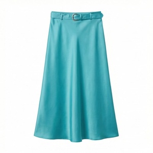 Jupe trapèze en satin pour femme, longueur mi-mollet, couleur unie avec ceinture, style élégant, toutes saisons - Product Image 1