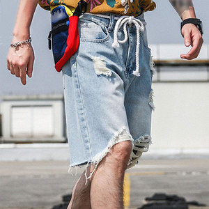 กางเกงยีนส์ขาสั้นสไตล์ไฮสตรีทสำหรับผู้ชาย ผ้าฝ้าย 100% ทอแบบไม่ทอ น้ำหนักเบา เหมาะสำหรับฤดูร้อน กิจกรรมกลางแจ้ง เอวสูง ซิปหน้า - Product Image 6