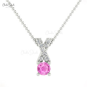 Colgante Cruzado de Oro Sólido de 14K con Zafiro Rosa de Corte Redondo de 5mm y Diamantes, Venta al Por Mayor, Personalizable, Vendedor Verificado - Product Image 2