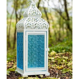 Farol de Vidrio Blanco y Azul, Portavelas Decorativo para Exteriores, Encanto para el Jardín - Product Image 1