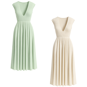 Robe midi élégante pour femme en maille côtelée, col rond, coupe droite, en nylon uni, manches courtes, tenue décontractée pour le bureau, fabricant OEM avec logo personnalisé - Product Image 1