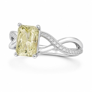 Bague de fiançailles en diamant jaune taille radiant en or blanc 18 carats avec sertissage à griffes et bande pavée, bijoux fins classiques pour femme - Product Image 6