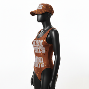 Maillot de bain une pièce marron uni en poly-spandex épais pour femme, orné de clous et avec logo imprimé personnalisé - Product Image 3