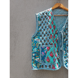 Chaleco acolchado de algodón con diseño patchwork, sin mangas, con cordón ajustable, bolsillo frontal, informal, unisex, para regalo. - Product Image 2