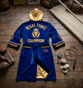 Bata de Terciopelo Regal Three Boxing con Logotipo Bordado Personalizado, Ropa de Artes Marciales, Bata con Capucha 100% Poliéster - Product Image 5