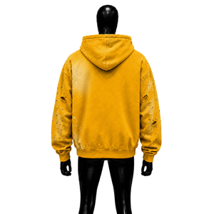 เสื้อฮู้ดดี้ผู้ชายสีเหลืองแบบซิป สไตล์สตรีทแวร์ ประดับด้วยคริสตัล กระเป๋าแต่งแบบดิสเทรส ลุคกรันจ์ซีดจาง แต่งลายสาดสี - Product Image 2