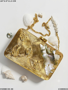 Bolso de mano rígido de lujo con bordado de lentejuelas de nácar y oro, con correa de cadena de conchas, para fiesta, con marco metálico, para mujer - Product Image 3