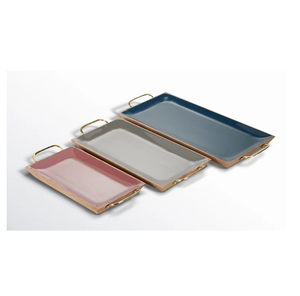 Ensemble de 3 plateaux de service rectangulaires décoratifs multicolores en émail et bois de manguier avec poignées en métal doré, élégants pour la maison - Product Image 1