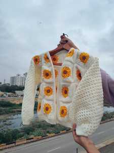Women's <b>White</b> Crocheted <b>Cardigan</b> With Yellow Sunflower Appliques Puff Sleeve Bohemian Spring Open Front <b>Knit</b> Sweater - Product Image 4