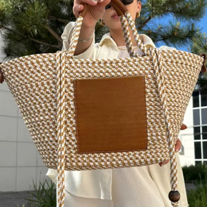 Straw <b>Beach</b> <b>Bag</b>, Woven Cotton Rope with Leather <b>Bag</b>, Straw <b>Bag</b> <b>Large</b>, Straw <b>Bag</b> <b>Beach</b>, Shopping Basket, Cotton Rope <b>Bag</b>, Summer - Product Image 1