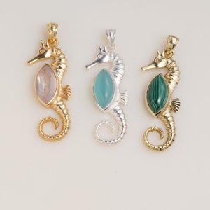 Natural <b>Malachite</b> Seahorse Pendant Gold Tone Brass Ocean Inspired Handmade Designer Gemstone Jewelry Unique Gift for Women - Product Image 2