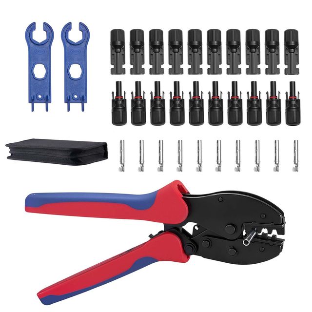 "Steel Solar Connector Crimper Tool Kit 14-10 AWG Ratcheting Crimping Tool Clear Metric Markings for 10 Pairs Solar Connections"