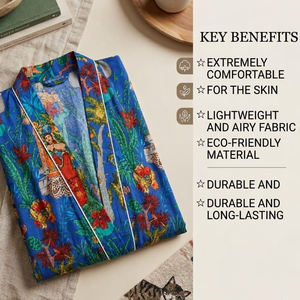 Bata Kimono de Algodón con Diseño Floral Hecha a Mano |   Ropa de dormir de manga larga con cuello en V para mujer con bolsillos |   Obra Maestra Sostenible de Larga Duración - Product Image 4