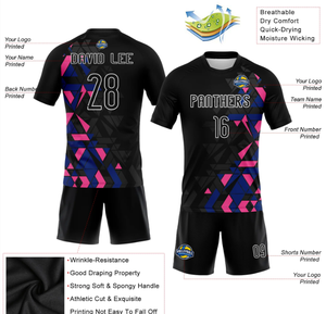 Ensemble d'uniformes de football personnalisés sublimés, noir, rose, bleu, géométrique, col rond, manches courtes, évacuation de l'humidité, pour hommes adultes, toutes saisons - Product Image 2
