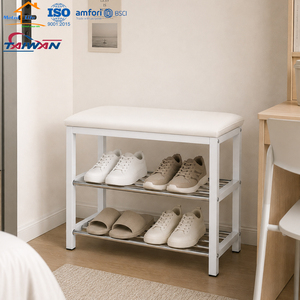 Banc à chaussures avec coussin en similicuir, étagère de rangement à 2 niveaux en métal pour entrée et placard - Product Image 4