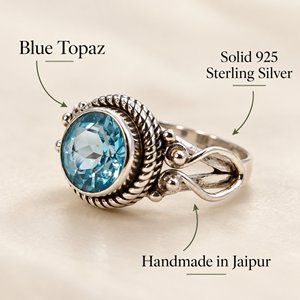 Anillo de Promesa Boho de Plata de Ley con Topacio Azul, Engaste de Bisel y Baño de Rodio, Anillo de Boda para Mujer, Piedra de Nacimiento de Diciembre - Product Image 6