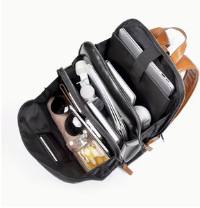 Leather <b>Backpack</b> <b>Black</b> With Brown Straps <b>Men</b> Women Daily Use Travel Bag Multi Pocket Design Classic Leather <b>Backpack</b> with - Product Image 5