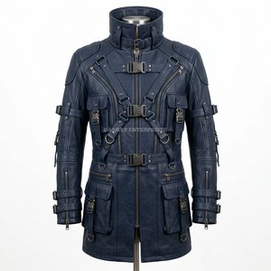Men Navy Long Leather <b>Jacket</b> Cyberpunk Streetwear <b>Punk</b> Rock Coat Baddie Utility Multi Pocket Outwear Men Outerwear Windproof - Product Image 1