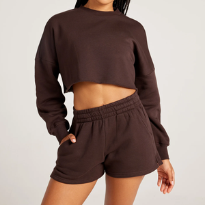 Womens Crewneck Sweatshirt Slouchy <b>Drop</b> Shoulder Plain Dark Brown Cropped Pullover Fleece - Product Image 1