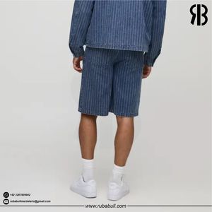 Rubabull Men Custom Striped Denim Shorts <b>Baggy</b> Fit Blue Jean Shorts Casual Streetwear Knee Length <b>Jorts</b> Bulk OEM - Product Image 2