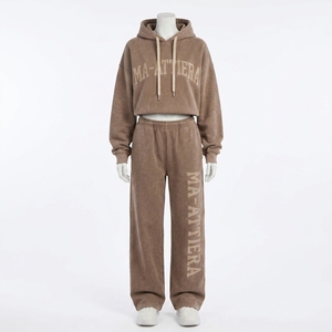 Custom Women Brown Washed Hoodie <b>Wide</b> <b>Leg</b> <b>Jogger</b> Set Cotton Fleece Streetwear Tracksuit OEM Wholesale - Product Image 4