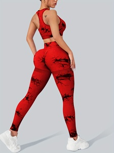 <b>Red</b> Floral Print Yoga Set High Waist Leggings <b>Crop</b> <b>Top</b> 2 Piece Spandex Polyester Four-Way Stretch Racerback Scoop Neck - Product Image 3