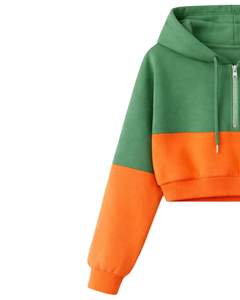 Women Green Orange Color Block Crop Zip Hoodie <b>Shorts</b> Set Casual Two Piece Outfit Polyester Cotton Lounge Wear Custom Wholesale - Product Image 3
