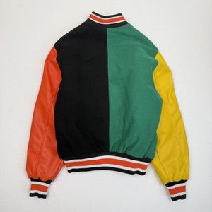 Blouson universitaire pour homme, design patchwork brodé, manches noir-vert-orange, texte japonais, style preppy, col montant, style Letterman - Product Image 3