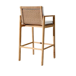 Modern Coastal Solid Teak Bar Chair Natural Rattan Back Premium Upholstered <b>Seat</b> Comfortable Luxury Counter <b>Stool</b> Design - Product Image 6