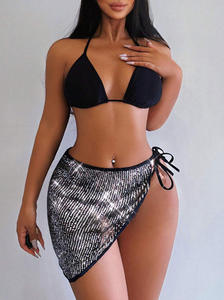Ensemble bikini 2 pièces pour femme, asymétrique, à sequins, taille haute, bas à nouer sur les côtés, haut dos nu noir, maillot de bain - Product Image 2