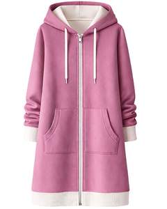 Sudadera con capucha larga con cremallera para mujer, color rosa malva, forro polar de invierno, fabricante personalizado, ropa casual urbana, venta al por mayor OEM - Product Image 1