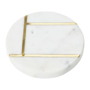 CROSS LINE BRASS INLAY Classic Eco-Friendly Set of 4 <b>Marble</b> <b>Coasters</b> White & Gold Natural and <b>Marble</b> Made in India - Product Image 3