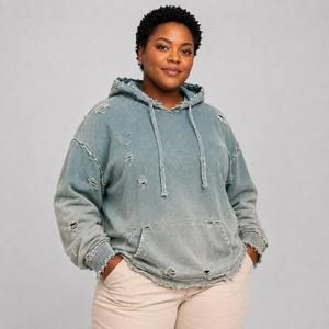Women Distressed Hoodie <b>Fashion</b> Oversized Pullover Sweatshirt Vintage Streetwear Casual Hoodie Custom Manufacturing - Product Image 1
