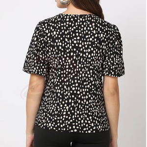 Blusa de Gasa con Estampado de Puntos Blancos y Negros, Cuello Redondo, Manga Corta Abullonada, Corte Holgado Informal, 100% Algodón, Calidad de Marca, Personalizable - Product Image 2