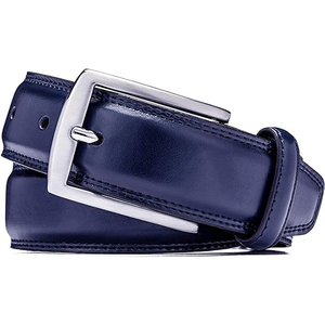 Cinturón Formal de Cuero Vacuno Azul Marino con Hebilla Rectangular Plateada de Diseño Sólido - Product Image 4