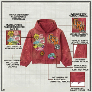 Sweat à capuche zippé personnalisé pour homme en coton, design brodé, épais 450 g/m², patchwork, coupe courte et carrée, en molleton bouclette effet délavé au soleil - Product Image 5