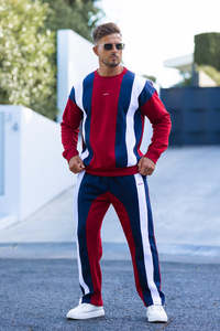 Conjunto de Sudadera con Cuello Redondo y Bloques de Color para Hombre, Rojo, Azul y Blanco, Estilo Casual para Otoño, Manga Larga, Corte Regular, 100% Algodón - Product Image 4