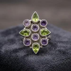 Bague en argent plaqué 925 avec améthyste et péridot en forme de fleur, sertie clos, pierres précieuses naturelles, style moderne, bijoux unisexe - Product Image 4
