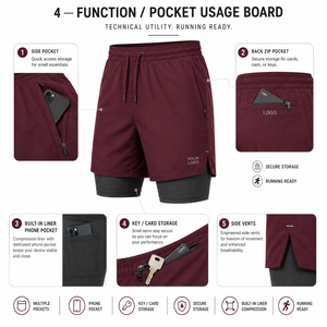 2-In-1 Double <b>Layer</b> Eco-Friendly Waterproof Men's Gym Running Bermuda Shorts Side Pockets Drawstring Waist Elastic Waistband - Product Image 3