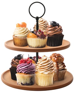 Two-Tier <b>Wooden</b> Cake <b>Stand</b> With Black Metal Handle Reusable For <b>Cupcakes</b> And Desserts - Product Image 1