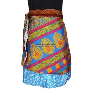 Silk <b>Beach</b> Wear <b>Wrap</b> Mini Skirt Wholesale Vintage Indian Boho Hippie Silk Mini Skirt Ethnic Sari Washable Natural Waistline - Product Image 5
