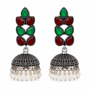 Pendientes Jhumka de Latón Oxidado Plateado con Ónix y Perlas Antiguas Estilo Bohemia, Étnicos Tradicionales Indios para Mujer, MOQ Disponible - Product Image 6