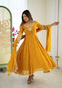 Mustard Yellow Embroidered Anarkali <b>Suit</b> Set Lace Trimmed Long <b>Dress</b> and Dupatta <b>for</b> <b>Wedding</b> Party <b>Women</b> - Product Image 2