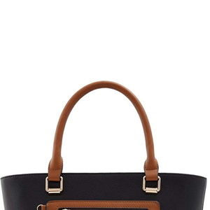 Sac fourre-tout en cuir noir avec poignées marron et quincaillerie dorée, design tissé écologique, fournisseur OEM - Product Image 1
