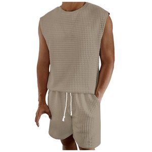 Conjunto de Camiseta sin Mangas y Pantalones Cortos de Punto Waffle para Hombre, Cuello Redondo, Transpirable, de Algodón, Informal, para Verano, Estampado, de Secado Rápido - Product Image 1