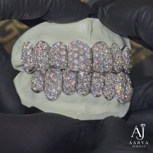 Grillz dentaire personnalisé en argent 925 avec moissanite, motif nid d'abeille, coupe brillant rond, bijoux hip-hop - Product Image 2