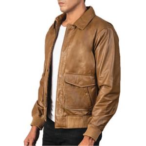 Chaqueta de aviador de cuero camel para hombre, abrigo de piel de oveja auténtica con cierre de cremallera y solapa con botones, camisa elegante - Product Image 3